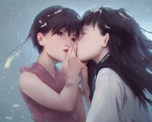 Image similar to two girls kissing and hugging, sharp details, sharp focus, elegant, highly detailed, illustration, by jordan grimmer and greg rutkowski and pine ( ハイネ ) and 薯 子 imoko and 香 川 悠 作 and wlop and maya takamura, intricate, beautiful, trending artstation, pixiv, digital art