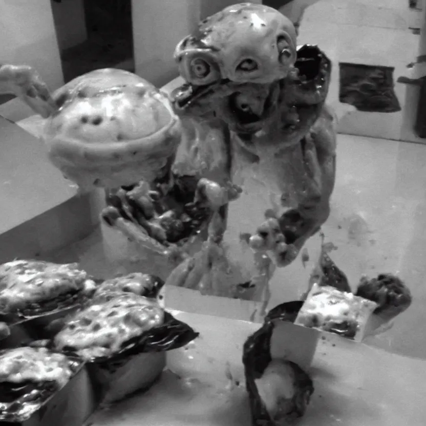 Prompt: i caught this alien trying to eat my gnocchis!, cctv camera footage, 2 0 1 4