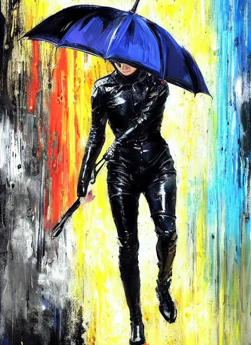 Prompt: senz umbrella, being held by short blonde hair, black leather suit supermodel, in the rain, a still from death stranding ( 2 0 1 9 ) action game, by ashley wood, 6 0's french movie poster, french impressionism, vivid colors, palette knife and brush strokes, concept art