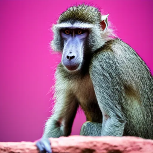 Image similar to a baboon, pink background, award - winning photography