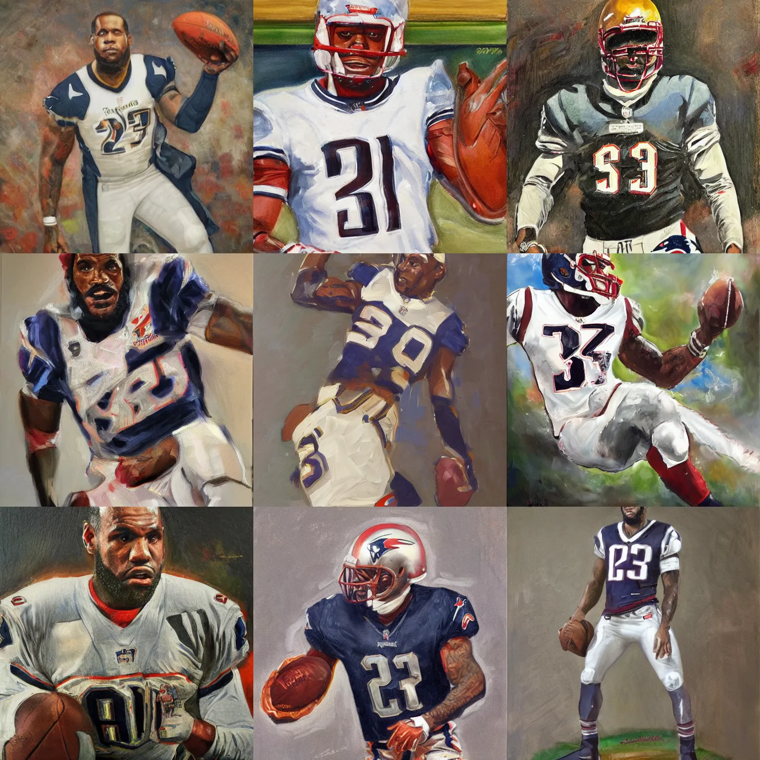 Image similar to portrait of lebron james in a new england patriots uniform, oil on canvas by william sidney mount, 1 8 7 7, trending on artstation