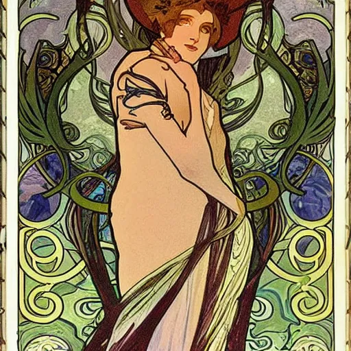 Image similar to an art nouveau painting by Alphonse Mucha of the god Cthulhu