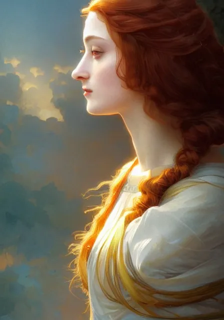 Image similar to sansa stark gold lights autumn sky sun, intricate, elegant, highly detailed, digital painting, artstation, concept art, smooth, sharp focus, illustration, art by artgerm and greg rutkowski and alphonse mucha and william - adolphe bouguereau