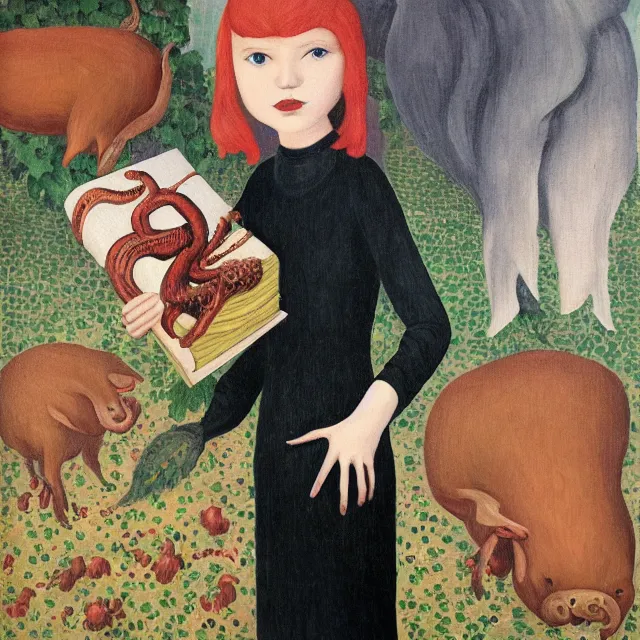 Prompt: tall emo girl artist holding an octopus, in a library, books, small portraits, gourds, berries, vines, pigs, xylophone, acrylic on canvas, surrealist, by magritte and monet