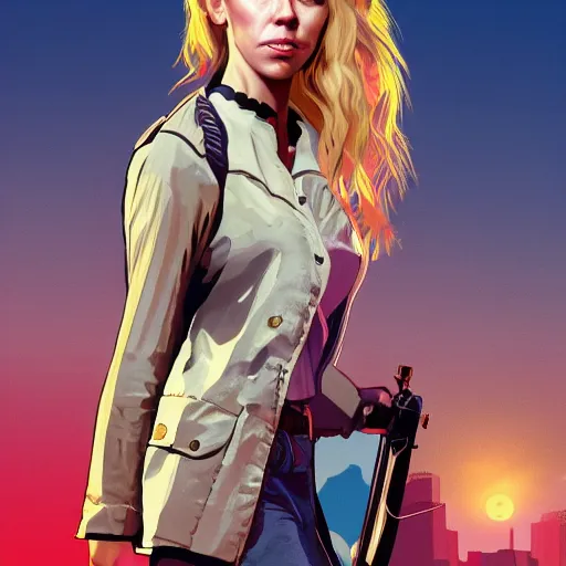 Prompt: vanessa kirby as hattie in gta v, cover art by stephen bliss, artstation, no text