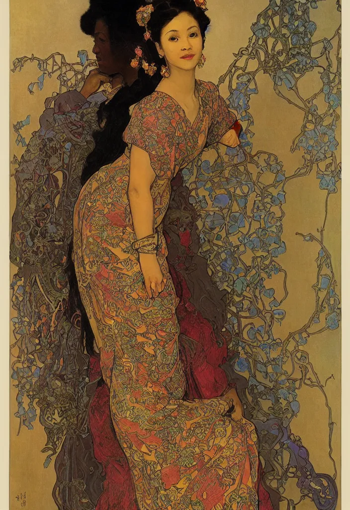 Prompt: portrait of Thandiwe Newton, oriental art nouveau, frock, mid body, painting by Rembrandt, alphonse mucha, Józef Mehoffer