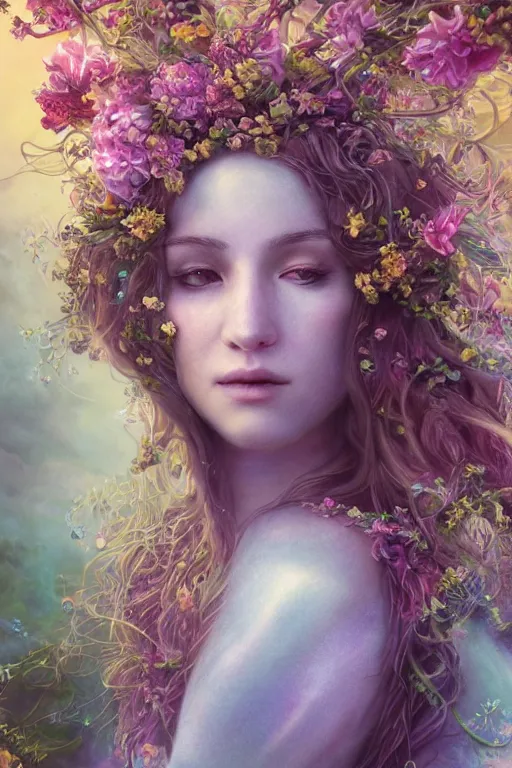 Image similar to elaborately detailed close up portrait of an extremely beautiful girl with long dark hair surrounded by flowers, an eerie mist and ethereal rainbow bubbles, Aetherpunk, high fantasy professionally painted digital art painting, fantasy matte painting movie poster, Art Nouveau, smooth, sharp focus, atmospheric lighting, highly detailed illustration highlights, backlight, golden ratio, 8K detail post-processing, symmetrical facial features, rich deep moody colors, majestic, dark epic fantasy, award winning picture, sense of awe, featured on DeviantArt, trending on cgsociety