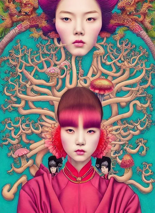 Image similar to pretty chinese model with hallucination mushroom : : by martine johanna and simon stalenhag and chie yoshii and casey weldon and wlop : : ornate, dynamic, particulate, rich colors, intricate, elegant, highly detailed, vogue, harper's bazaar art, fashion magazine, smooth, sharp focus,