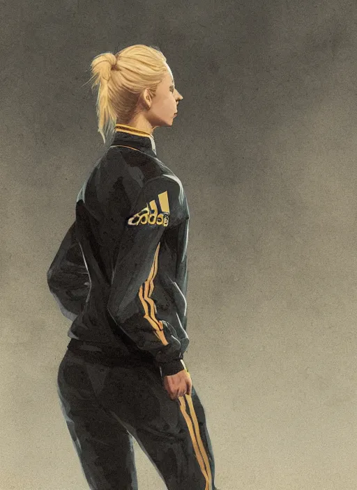 Image similar to russian slav heroine wearing an addidas tracksuit with a cigarette in hand. by greg rutkowski and wlop, detailed, cinematic, 8 k, intricate, rule of thirds.