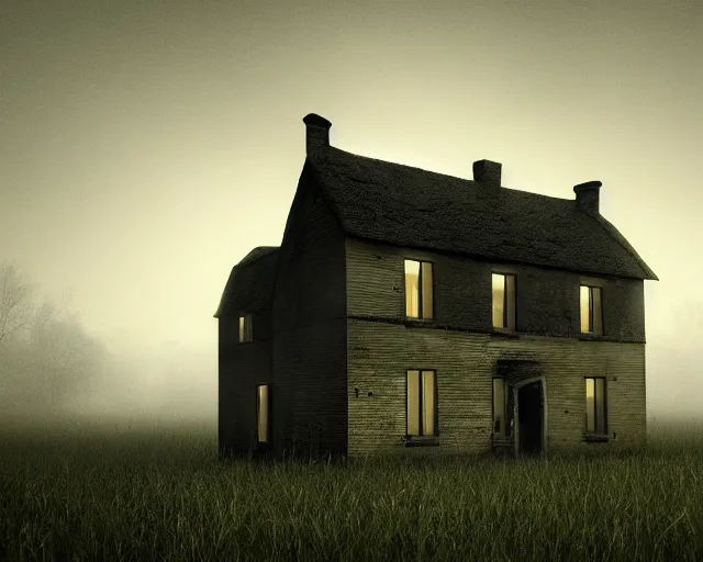 Prompt: A hauntingly sad and lonely house with lit windows, standing alone in a eerie field at night. By Lee Madgwick. Trending on Artstation 4k, unreal engine, 8k render