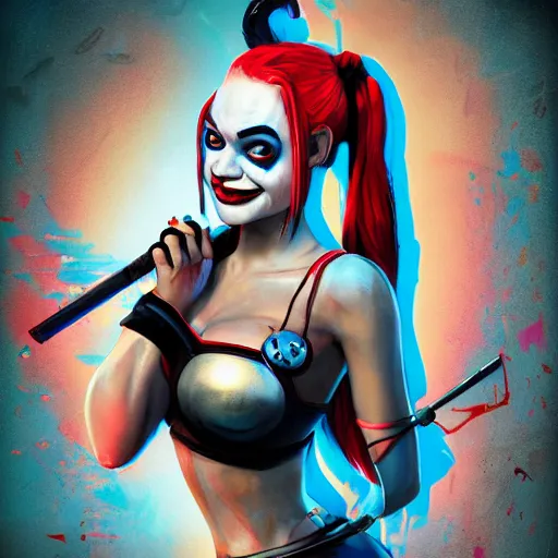 Prompt: Portrait of Harley Quinn but she's a beautiful ape-girl with long pony tails on either side of her head, illustration, by James Jean, artgerm, octane render, by John Coltrane and Marc Simonetti, Manic, graffiti background, kinemacolor, colorful, high detail of the face, full body