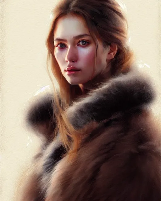 Image similar to a beautiful siberian girl with bear fur coat and decollete | | realistic shaded, unpleasant face, bad looking, fine details, realistic shaded lighting poster by greg rutkowski, magali villeneuve, artgerm, jeremy lipkin and michael garmash and rob rey