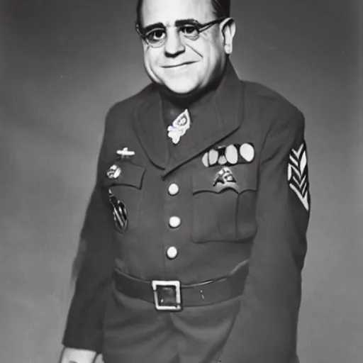 Prompt: 1942 portrait photograph, Danny DeVito in a Nazi officer's uniform