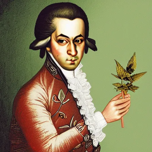 Image similar to Mozart with bloodshot eyes holding a weed joint in his hand, digital art