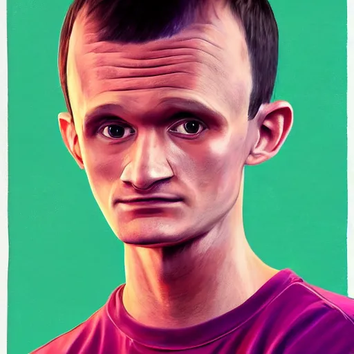 Image similar to Vitalik Buterin big head, painted by Mike Winkelmann