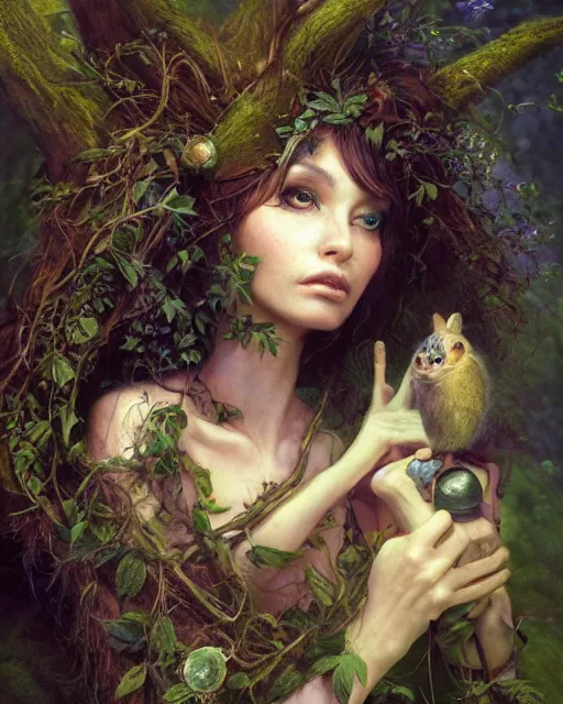 Image similar to dryad musician inspired by brian froud, portrait, accompanied by a cute feathered mouse, studio lighting by jessica rossier and brian froud and gaston bussiere