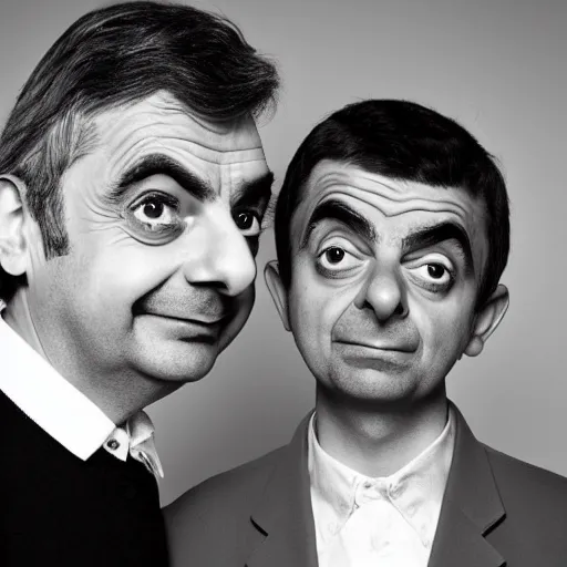 Image similar to A portrait mr bean teams up with a teenage rowan atkinson, perfect faces, 50 mm, award winning photography