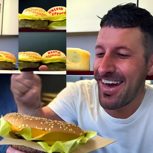 Image similar to Mike from breacking bad eating a cheese burger