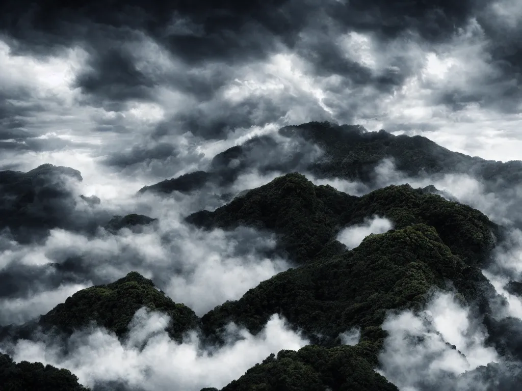 Image similar to detailed landscape, japanese high cliff, very detailed dark super storm, hyper realistic clouds, impressive, magical, very atmospheric, smoke boiling, cinematic, deep, very high complexity, stunning, masterpiece, chiaroscuro, photography, very detailed. 4 k