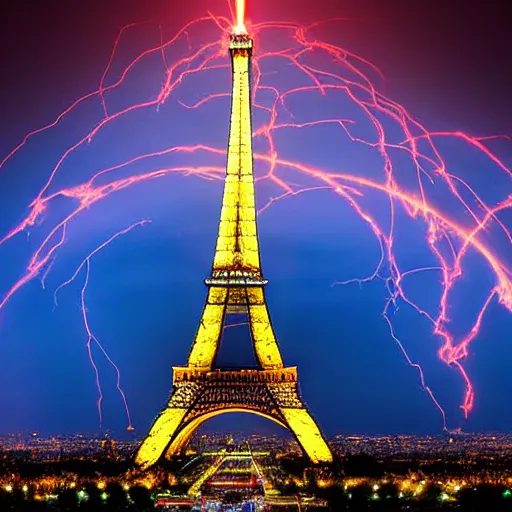 Prompt: Eiffel tower in Paris as giant charged tesla coil with blue white red lightning bolts all over the sky filled with dark clouds, epic city landscape digital art