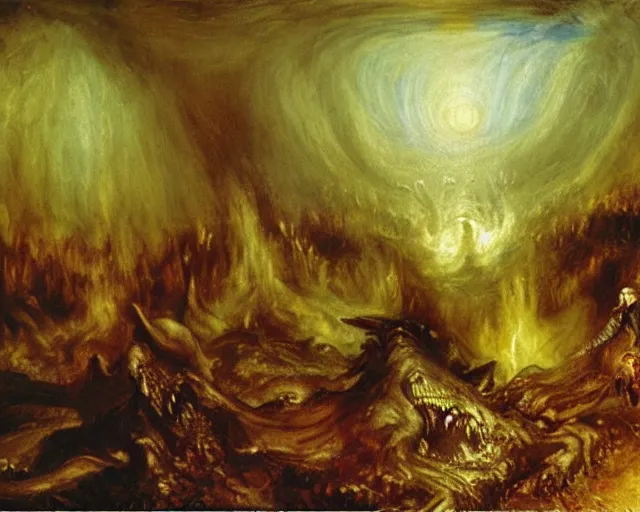 Image similar to an oil painting of cthulhu fighting an army in a forest, turner