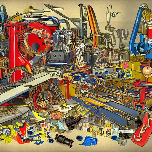 Image similar to a chaotic scene of a crazy machine with lots of details and contraptions. there are many pairs of scissors visible. the illustration is very detailed and intricate, with a lot of small elements that come together to create a cohesive whole. it uses a limited palette of colors, which helps to create a cohesive and unified look.