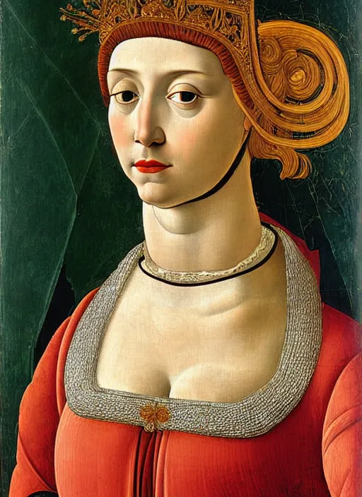 Image similar to portrait of young woman in renaissance dress and renaissance headdress, art by sandro botticelli