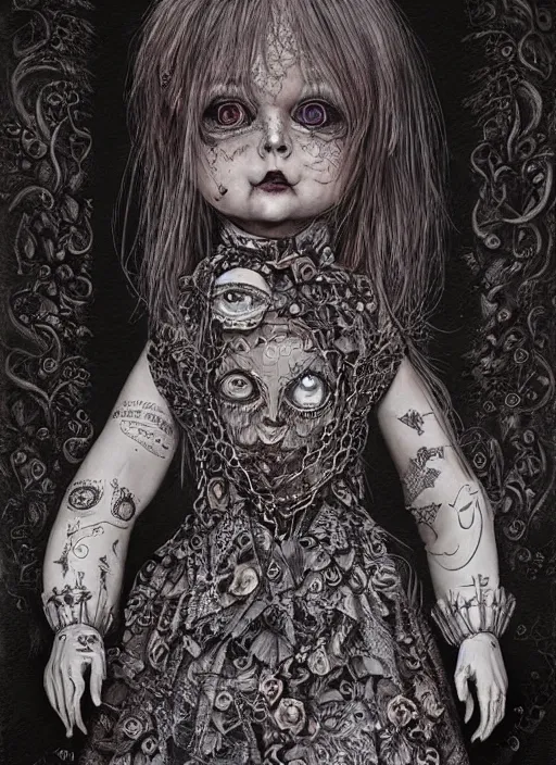 Image similar to portrait of a creepy doll, obsidian eyes, intricate, highly detailed, smooth, digital illustration, the dark and quirky art of scott radke