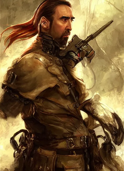 Image similar to highly realistic nicholas cage as a ranger painted by raymond swanland