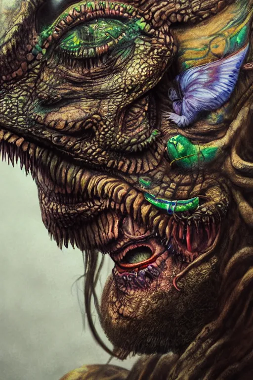 Image similar to hyperrealistic hyper detailed neo-surreal close-up 35mm portrait of levitating psychedelic shaman covered in dinosaur tattoos, rococo matte painting concept art very dramatic lighting low angle hd 8k sharp shallow depth of field