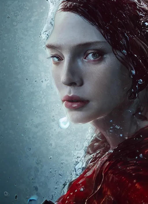 Image similar to A fancy portrait of the Scarlet Witch submerged in water by Greg Rutkowski, Sung Choi, Mitchell Mohrhauser, Maciej Kuciara, Johnson Ting, Maxim Verehin, Peter Konig, Bloodborne, 8k photorealistic, cinematic lighting, HD, high details, dramatic, atmospheric , trending on artstation