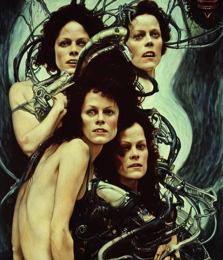 Image similar to Beautiful Horror Movie Poster made for the film Alien (1979) starring Sigourney Weaver and a xenomorph, oil painting by Alphonse Mucha and H R Giger and Gustav Klimt, trending on artstation dramatic lighting hyperrealism 8k