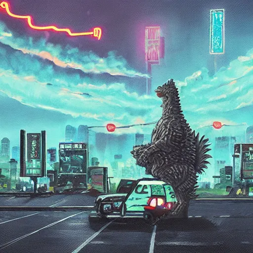 Image similar to a chow chow fighting godzilla in night time tokyo in the style of simon stalenhag