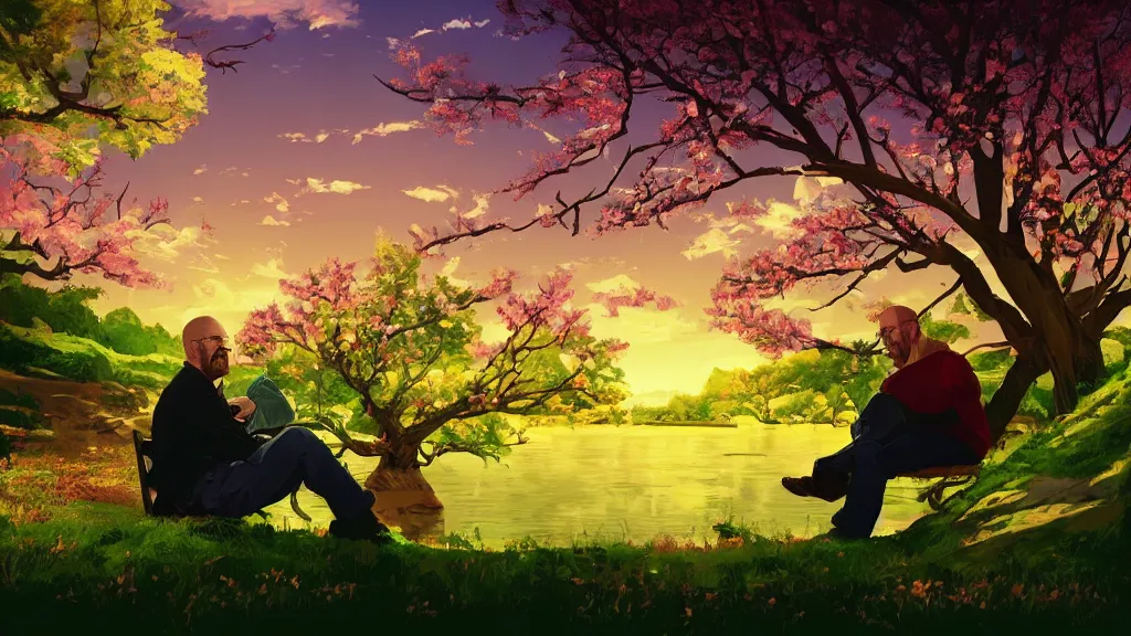 Image similar to featured on artstation walter white sitting under a cherry tree overlooking valley waterfall sunset beautiful image stylized digital art