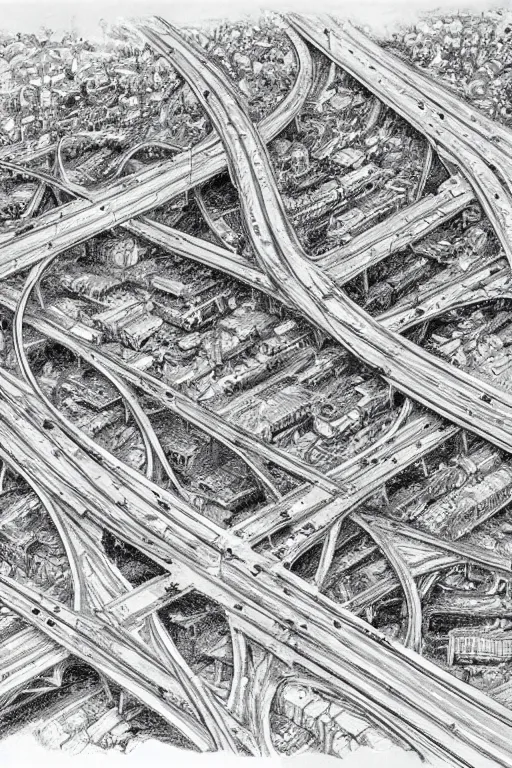 Prompt: The world's most intricate and detailed drawing of a highway intersection after world War , by Kim Jung GI. HD.