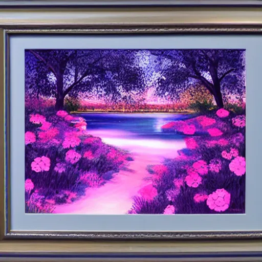 Prompt: a beautiful oasis at night pink blue purple by peter stephens