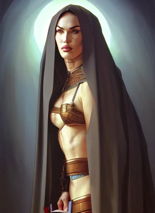 Image similar to portrait of megan fox as nun, bible, church, catholic, christian, intricate, headshot, highly detailed, digital painting, artstation, concept art, sharp focus, cinematic lighting, illustration, art by artgerm and greg rutkowski, alphonse mucha, cgsociety