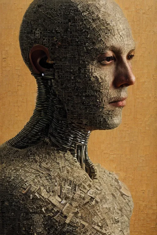 Image similar to robot monk painting a self - portrait on a canvas. intricate, highly detailed, photorealistic, film still, by vdragan bibin.