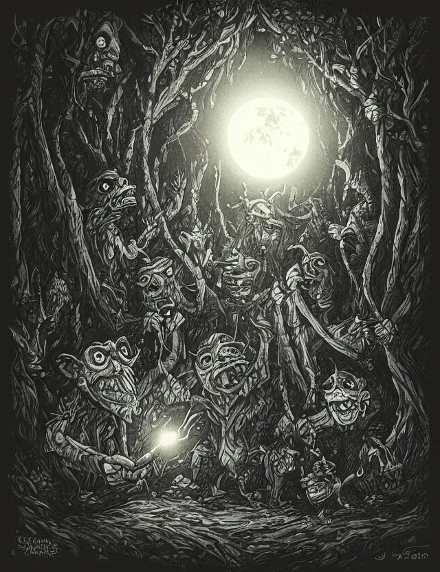 Prompt: “Artstation. goblins dancing around bonfire in dark eery forest with moon in fish eye perspective. Dark, intricate, highly detailed, smooth, in style of Mike Savad”