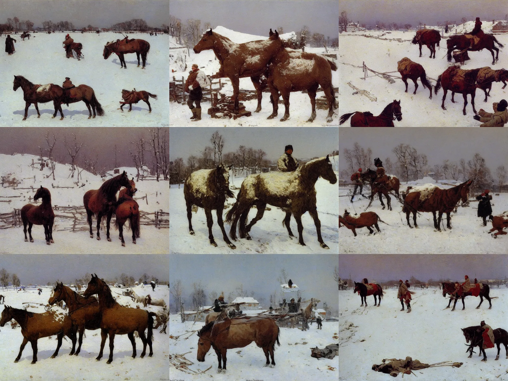 Prompt: painting of a large horse in snow Ilya Repin details