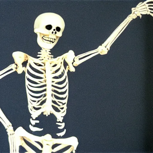 Image similar to a dancing skeleton, 9 0's film