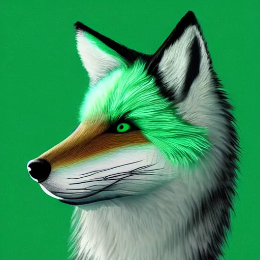 Prompt: digital green and white and green and green fox, retrowave palette, digital world, highly detailed, electric breeze, anatomically correct vulpine, synth feel, fluffy face, ear floof, flowing fur, super realism, accurate animal imagery, 4 k digital art