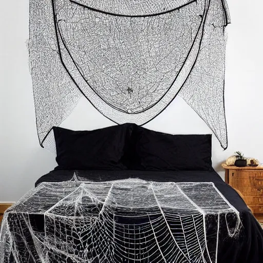 Image similar to bed made entirely of spider webs. pillow made of spider webs. blanket made of spider webs. detailed beautiful photography. intricate. photorealistic.