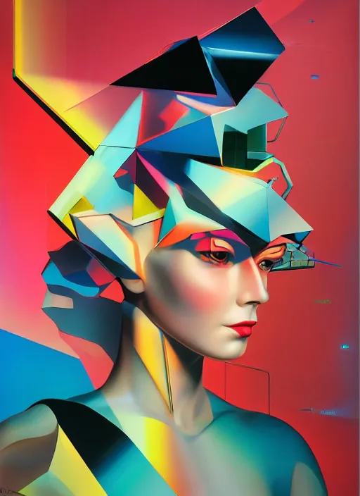 Prompt: futuristic lasers, data visualization, cyberpunk visor girl pinup, by steven meisel, james jean and rolf armstrong, geometric cubist acrylic and hyperrealism photorealistic airbrush painting with retro and neon colors