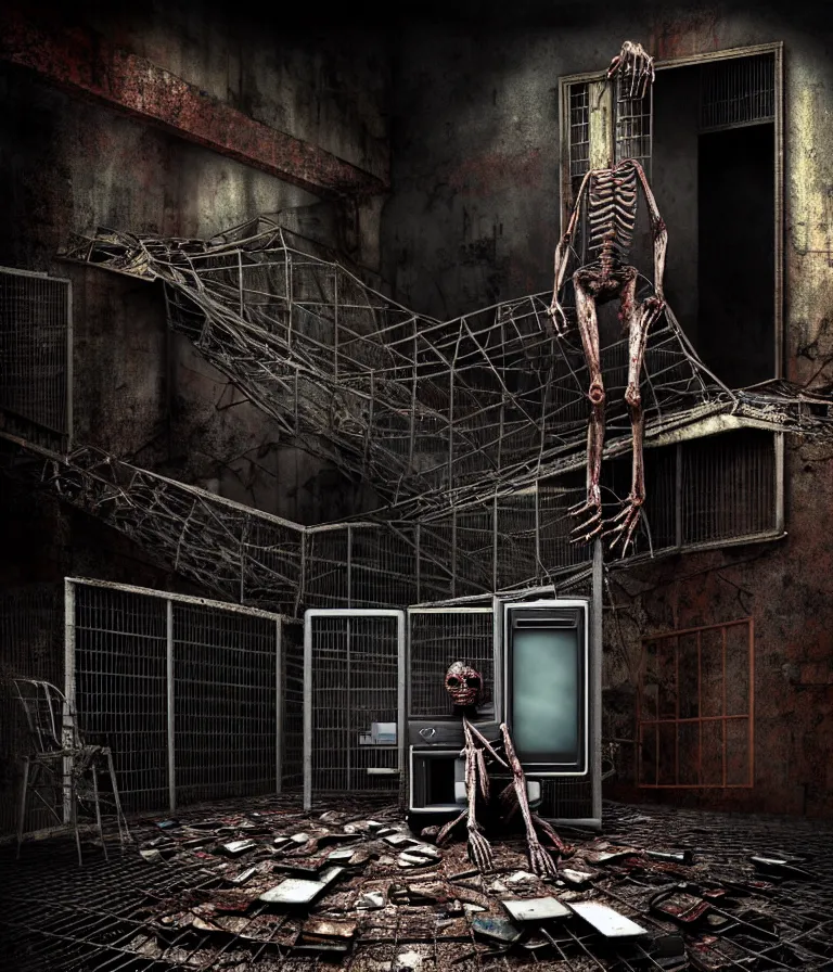 Image similar to Creepy huge suffering humanoid with long limbs sits on the floor and looks at the little old TV. An underground very dark gloomy multi-layered structure of rusty thick iron grates, dense chain-link fencing and peeling walls. Inside view, collapsed floors, bent rusted iron, masterpiece, black background, corners, cinematic, hyperdetailed, photorealistic, hyperrealism, octane render, 8k, depth of field, bokeh, architecture, shadows, art by Zdzisław Beksiński, Dariusz Zawadzki