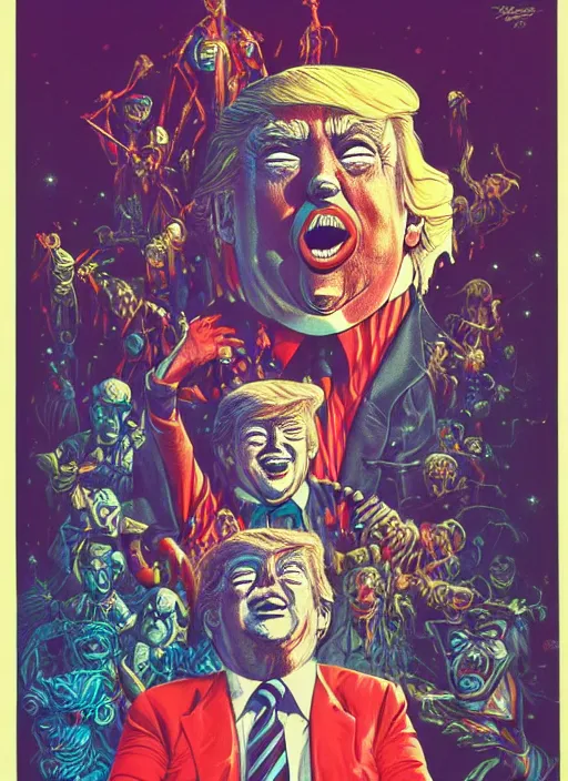 Prompt: donald trump is a disgusting clown, grotesque, horror, high details, intricate details, by vincent di fate, artgerm julie bell beeple, 1980s, inking, vintage 80s print, screen print