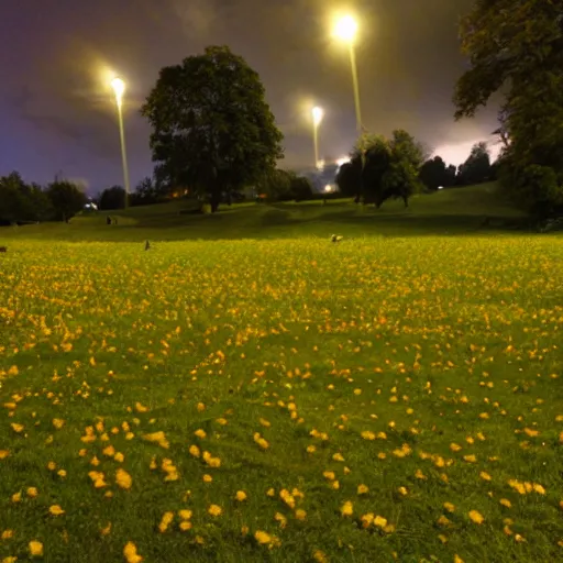 Prompt: a bunch of cheesen on a green meadow at night