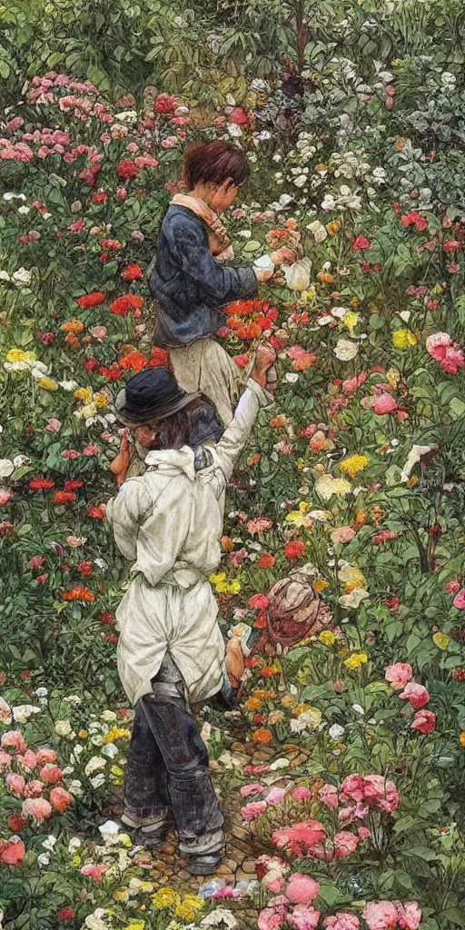 Image similar to oil painting scene from gardeners in the flower garden by kim jung gi