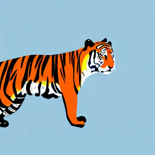 Prompt: tiger walking with backdrop showing the sky, palm tres. the tiger has sharp claws and teeth. in minimal colourful geometric illustration style digital painting