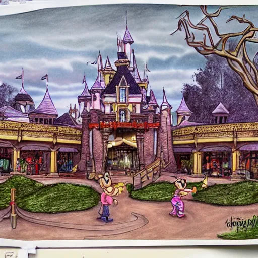 Prompt: realistic drawing of an Abandon Disneyland 4 pictures